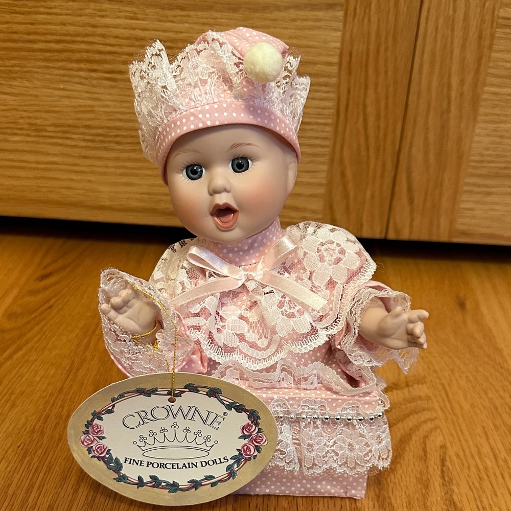Crowne Pink and White Lace Porcelain Doll with Music Box